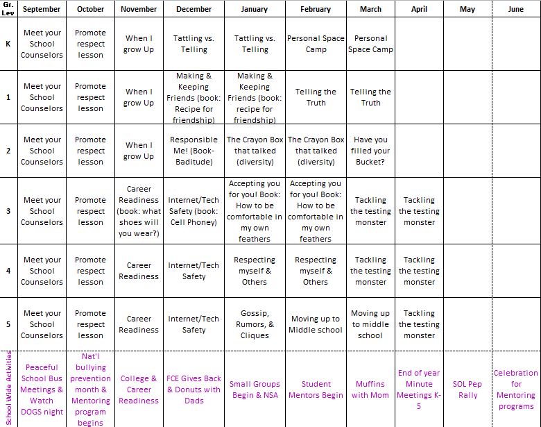 Monthly School Counseling Calendar of Events to the School